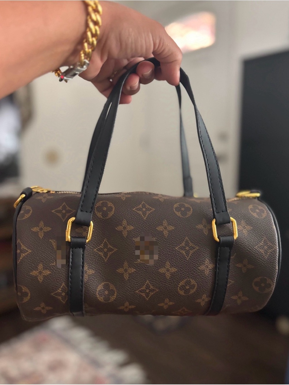 Brown Monogram Mini Barrel Bag with Black Handles